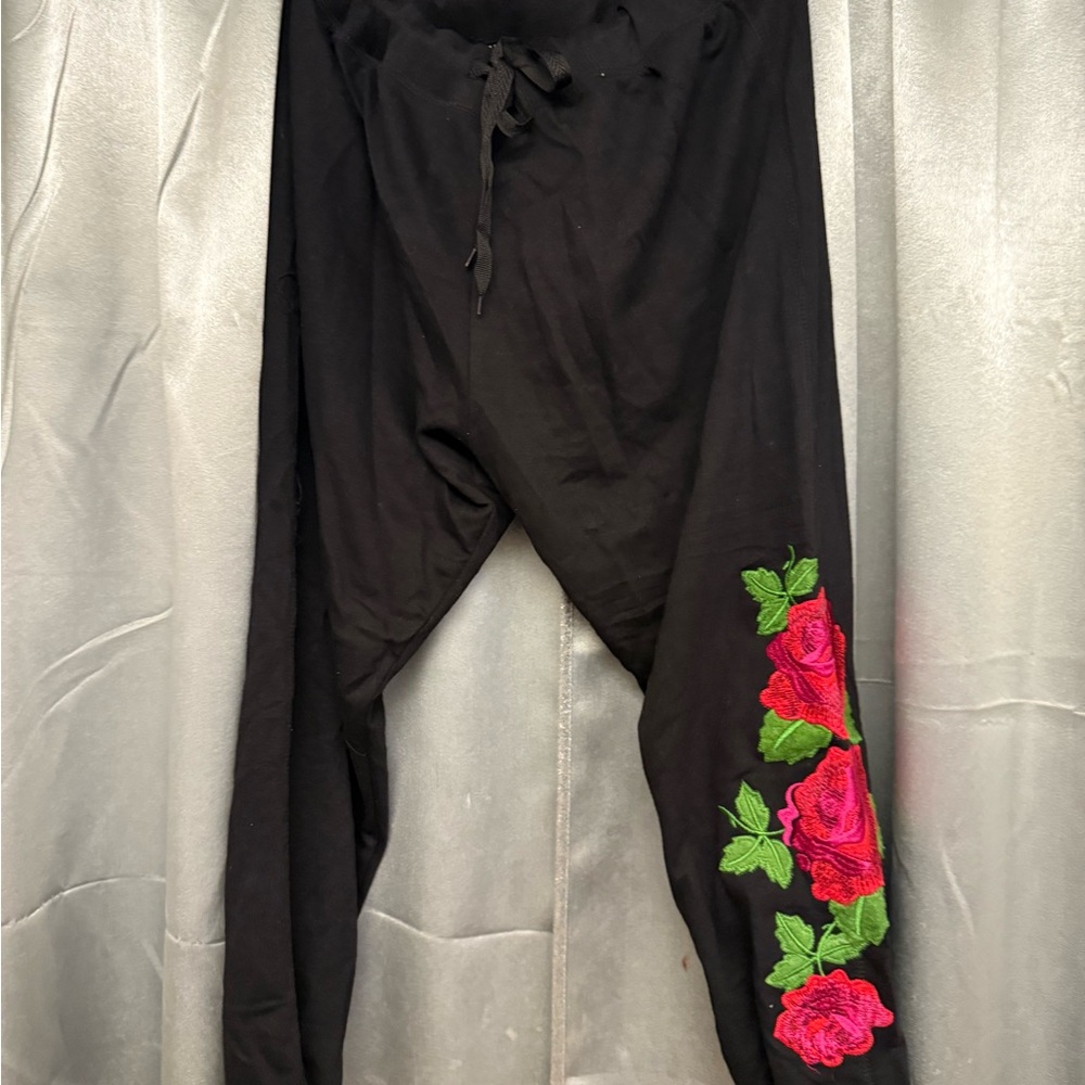 Black jogger pants with Pink Rose Embroidery